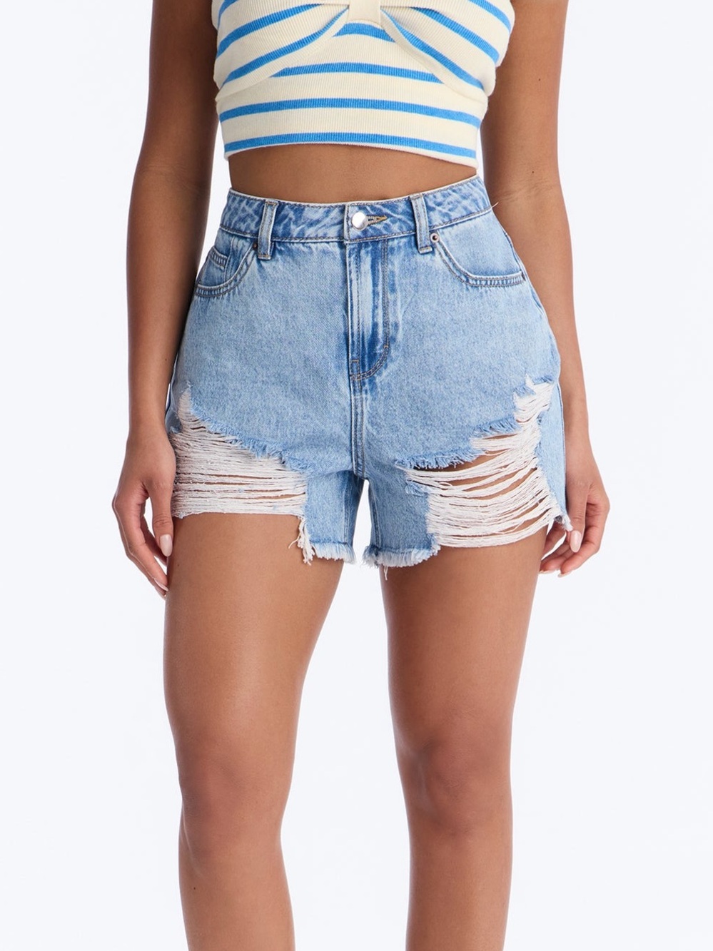 Fashion Nova Light Blue High-Rise Ripped Denim Shorts